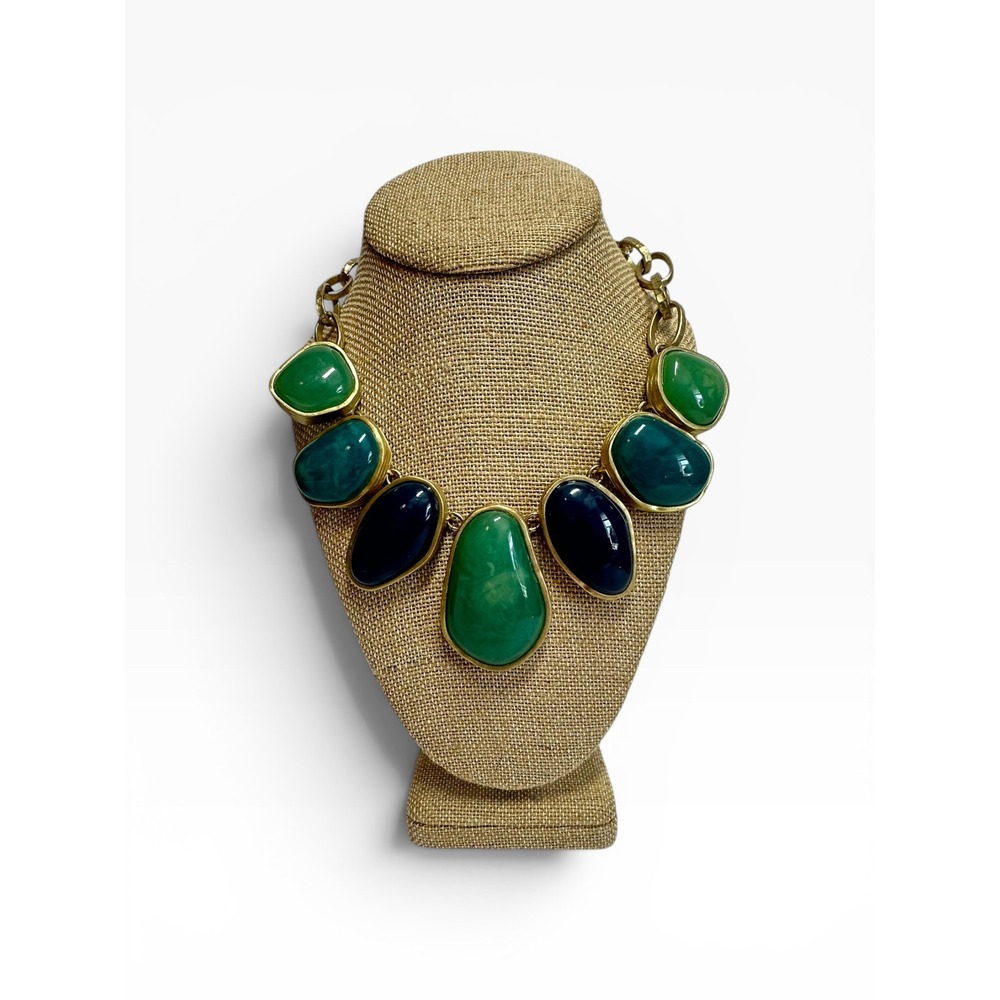 Chico's Statement Necklace Green Excellent Faux Stone Gold Tone Bib‎